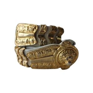 Vtg Judith Leiber For Saks Fifth Ave Ivory Leather Gold Buckle Lion Head Belt